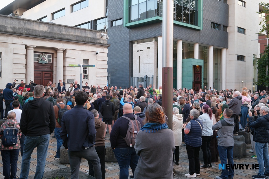 Speakers outside the Belfast High Court on Friday night.