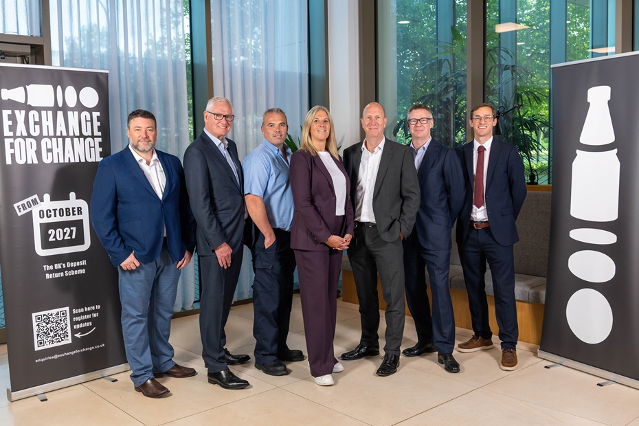 Partners in the Deposit Return Scheme. Included from left: Garth Lamb, Chief Development Officer, Re.Group; David Palmer-Jones OBE, Chief Executive Officer, CIRQLR; Joseph Doherty, Chief Executive Officer, Re-Gen; Jenny Powell, Chief Operating Officer, Exchange For Change; Russell Davies, Chief Executive Officer, Exchange For Change; John Scanlon, Executive Vice President UK, SUEZ and Rory Capper, Head of Sustainability and Innovation, Bywaters.