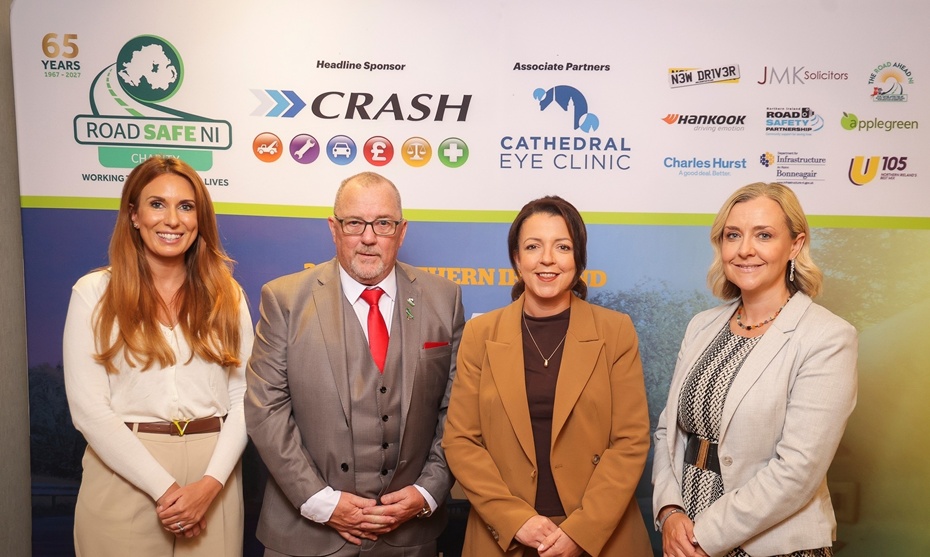 Pictured at the launch of the awards are from left: Rachel Lyness, Business Liaison Manager at Cathedral Eye Clinic (Associate Sponsor), Davy Jackson, Chair of Road Safe NI Charity, Infrastructure Minister, Liz Kimmins, and Paula Mahoney, Marketing Director at CRASH Services (Headline Sponsor)