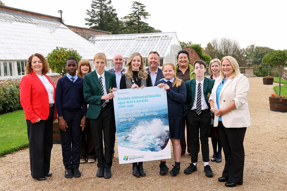 Newry, Mourne and Down District Council launched its new Sustainability and Climate Change Strategy at Castlewellan Forest Park’s world famous Arboretum. Deputy Chairperson, Councillor Doire Finn (sixth left) is with Council officials and councillors who attended the event. Included are Mrs Sinead Murphy (NMDDC Sustainability and Environment Director), Cllr Helena Young, Conor Sage (NMDDC Sustainability and Environment Assistant Director), Eamonn Keaveney (NMDDC Head of Sustainability), Cllr Jill Truesdale, Dr Aileen Jones (NMDDC Corporate Services Director), Council Chief Executive Marie Ward, St Malachy’s High School students Corbion Kelly and Conor Fisher and St Malachy’s Primary School students Isaiah Tumwebazw and Faiya McMurrough.