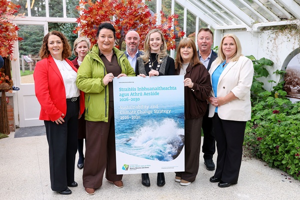 Newry, Mourne and Down District Council Deputy Chairperson, Councillor Doire Finn (fourth right) at the launch of the new Sustainability and Climate Change Strategy with Council officials and councillors (from left) Sinead Murphy (NMDDC Sustainability and Environment Director), Dr Aileen Jones (NMDDC Corporate Services Director), Cllr Jill Truesdale, Conor Sage (NMDDC Sustainability and Environment Assistant Director), Cllr Helena Young, Eamonn Keaveney (NMDDC Head of Sustainability) and Council Chief Executive Marie Ward. 