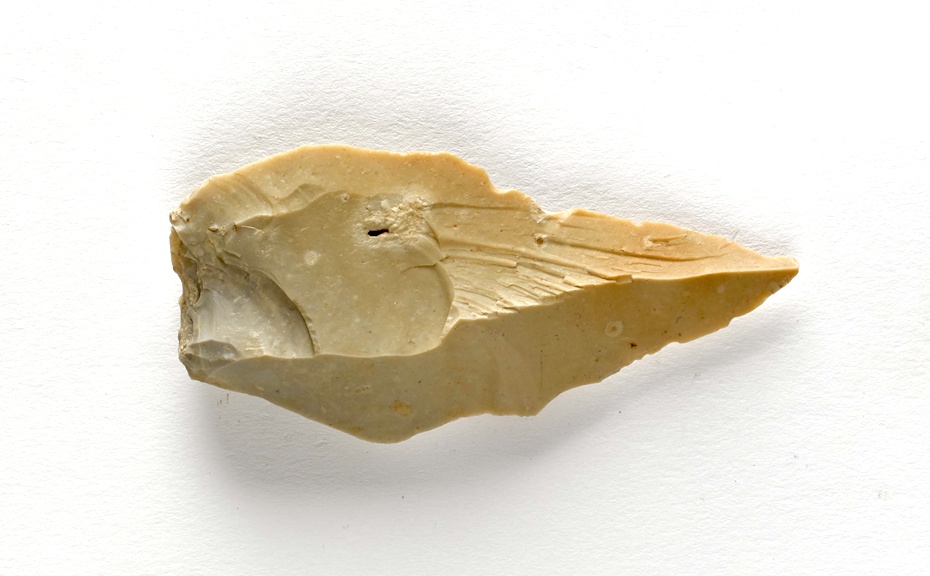 Neolithic flint scraper, dating from 4000 BC to 2400 BC and found during the Carnbane excavations. Newry and Mourne Museum Collection.