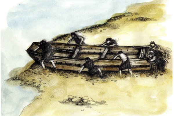 Anna Savage’s reconstruction drawing of a boat similar to those that may have carried prehistoric travellers between Ireland and Scotland. Newry and Mourne Museum Collection