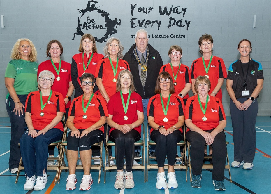 Banbridge Walking Netball Team, The Bann Ballers, who were crowned overall winners of the recent Down Leisure Centre tournament with Newry, Mourne and Down District Council Chairperson Councillor Glyn Hanna. Included are Betty Wilson (back left), Netball NI ‘Here If You Need’ coach and the Council’s Sports Development Officer Paula Early (back right).