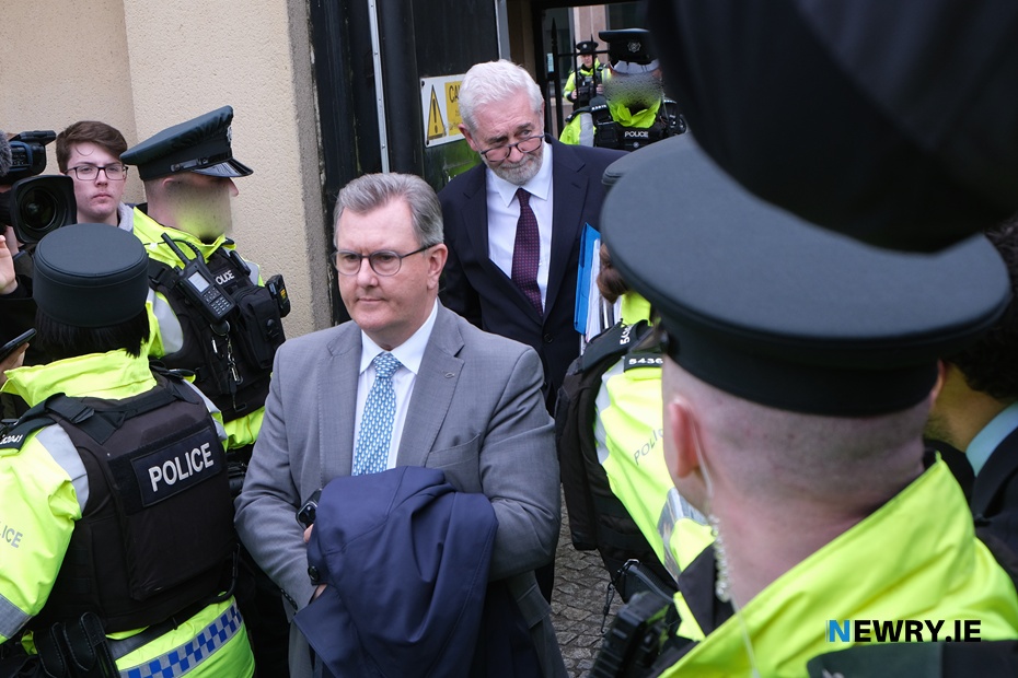 Jeffrey Donaldson leaves Newry Courthouse on the day of his first appearance in April 2024. Photograph: Columba O'Hare/ Newry.ie 