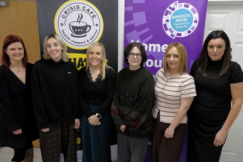 Pictured at the Safety Speaks event held at the Crisis Café in Newry as part of Domestic Abuse Awareness Week were from left: Áine McNulty, McKeevers Chemists; Olivia Gallagher, Crisis Café; Eibhlin Collins, NIHE; Jack McAtee, Crisis Café; Elaine McMeekin, NIHE; and Grainne Graham, Crisis Café.
