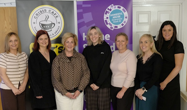 Elaine McMeekin, NIHE; Áine McNulty, McKeevers Chemists; Martina Flynn, Newry, Mourne and Down District Council; Olivia Gallagher, Crisis Café; Claire Crainey and Eibhlin Collins, NIHE; and Grainne Graham, Crisis Café, pictured at the Safety Speaks event held at the Crisis Café in Newry as part of Domestic Abuse Awareness Week