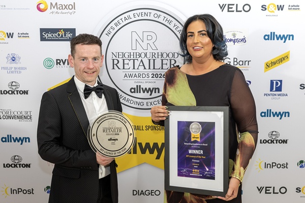 Fiveways Off-Licence Manager, Dominic O’Hare is pictured with Nikki George, on behalf of category sponsor Diageo