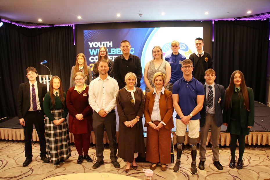 Students representing St Mark’s High School (Warrenpoint), St Joseph’s High (Crossmaglen), Newry High School, St Colman’s College, Sacred Heart Grammar, St Mary’s High, Our Lady’s Grammar and Abbey Grammar (all Newry) with speakers at the Youth Wellbeing event at the Canal Court Hotel.