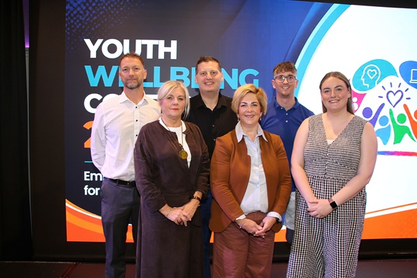 Speakers at Youth Wellbeing event at the Canal Court Hotel in Newry with event host Stuart Robinson (back, second left). Included are front row (from left): Rosemary Rooney (Davina’s Ark Aftercare Addiction Centre), Martina Flynn (Newry, Mourne and Down Policing and Community Safety Partnership) and Fiona McNaughton (Women’s Aid Armagh Down). Back row: Aidan McCabe (Southern Health Trust) and speaker Ryan Cinnamond.