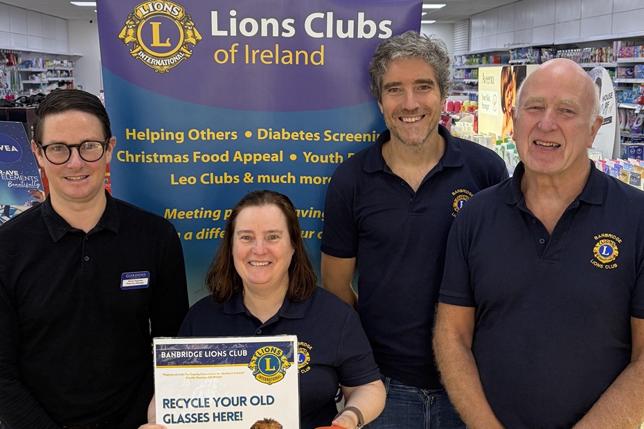 Oliver Kearney, Pharmacy Manager at Gordons Chemists Banbridge, with Banbridge Lions Club members Marie Wilson, Jonny Hobson, President, and Brian Noble.