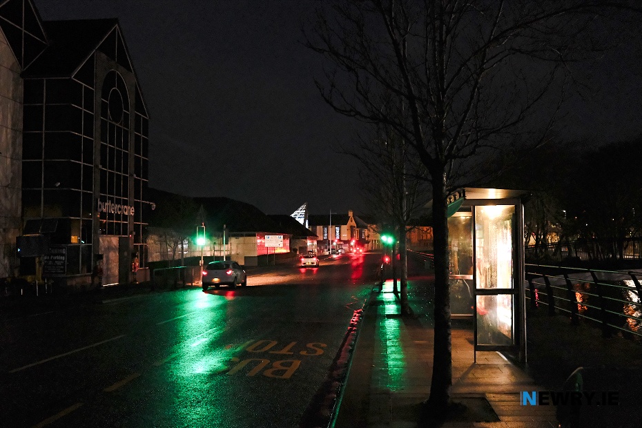 A dark Buttercrane Quay at Christmas 2024. Photograph: Columba O'Hare/ Newry.ie 