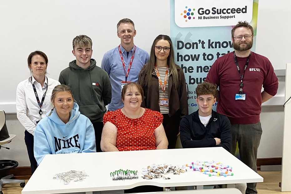 SRC students and staff at the Future Founders ‘Introduction to Entrepreneurship’ workshop alongside workshop facilitators Sam Walker from Young Enterprise NI and Claire Loughran from Newry, Mourne and Down District Council.  Included from left, Back: Lynne Ervine (SRC Technology Enhanced Learning and Project Based Learning Manager), John McAteer (Business student), Sam Walker ((Young Enterprise NI), Maggie McCann (Business student), Edward Jones (SRC Project Based Learning Officer). Front: Kayleigh Fagan (Business student), Claire Loughran (Newry, Mourne and Down District Council – Go Succeed), Oskar Karpiel (Business student)