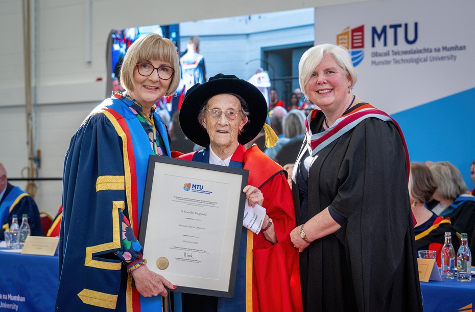 Sr Agnes Fitzgerald, pictured accepting an honorary doctorate on behalf of her sister and founder of Cuan Mhuire, Sr Consilio, from President Prof. Maggie Cusack and Mary Fitzgibbon of Munster Technological University at its Kerry Campus conferring ceremony in Tralee on Friday, 23 October 2026. Photograph: Domnick Walsh/ Eye Focus