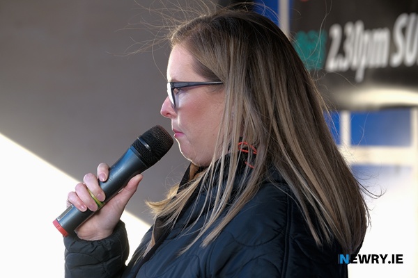Sinéad Cole speaking at the Daisy Hill rally on Sunday. Photograph: Columba O'Hare/ Newry.ie 