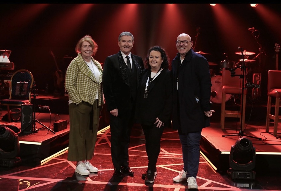 Pictured on the set of Opry le Daniel in the Millennium Forum, Derry are from left, Jane Kelly, Joint CEO Big Mountain Productions, Daniel O’Donnell, producer Sally Ní Dhuibhir, and Philip McGovern, Joint CEO Big Mountain Productions 