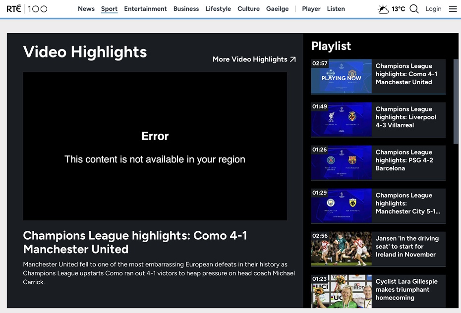 Geoblocking from the RTE player