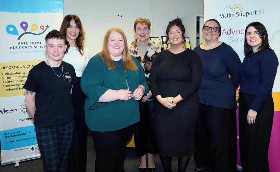 Pictured during a visit to the Hate Crime Advocacy Service (HCAS) Justice Minister Naomi Long with Chloe Barton, Rainbow Project; Anna Pustelnik, HCAS manager; Janice Bunting, CEO Victim Support NI; Dawn McCartney, Disability Action; Jolena Flett, Head of Advocacy and Project and Lucy Fitzgerald, Policy and Communications Manager.
