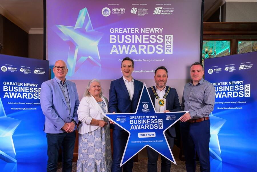 Pictured at the launch of the Greater Newry Business Awards 2025 are from left: Michael Savage, Chamber CEO, Eileen Murphy, CEO of the Chamber’s 2025 Charity Partner, Women’s Aid Armagh Down, Peter McClenaghan, Head of Communications & Engagement at NIE Networks, Cllr. Pete Byrne, Chairperson of Newry, Mourne and Down District Council and Chamber Vice President, Gary Digney. 