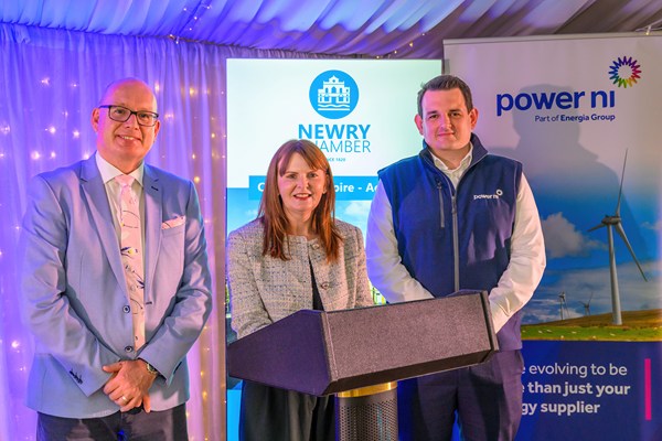 Michael Savage, Newry Chamber CEO, left with Caoimhe Archibald MLA, Economy Minister and Gary Sneddon, Key Account Manager at Event Sponsor, Power NI.