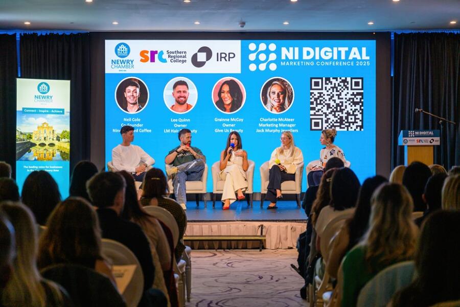Included from left are Neil Cole, Co-Founder of Nine Squared Coffee, Lee Quinn, Owner of LM Hair & Beauty, Grainne McCoy, Owner of Give Us Beauty and Charlotte McAteer, Marketing Manager at Jack Murphy Jewellers participate in a panel discussion on ‘Building a Global Community from a Local Base’.