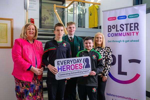 Jacinta Linden (CEO Bolster Community) with Siobhan Quinn and students from St Joseph’s Boys’ High School.