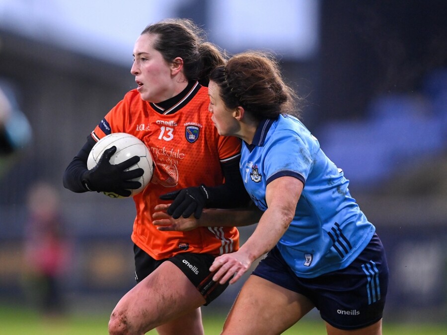 Niamh Reel of Armagh and Leah Caffrey of Dublin during the Lidl Ladies National Football League Division 1 match between Dublin and Armagh at Parnell Park in Dublin. Photo by Stephen McCarthy/Sportsfile
