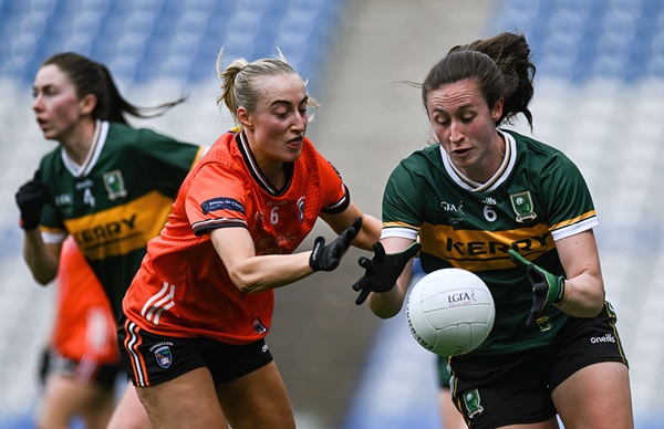 Kayleigh Cronin of Kerry in action against Cait Towe of Armagh during the Lidl Ladies National Football League Division 1 final. Photograph: Shauna Clinton/Sportsfile