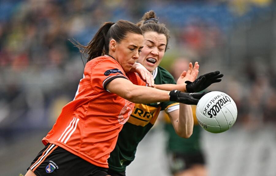 Niamh Henderson of Armagh in action against Anna Galvin of Kerry during the Lidl Ladies National Football League Division 1 final match. Photograph: Sam Barnes/Sportsfile