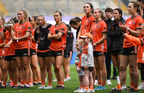 Armagh players dejected after their side's defeat in the Lidl Ladies National Football League Division 1 final match between Armagh and Kerry at Croke Park. Photograph: Shauna Clinton/Sportsfile