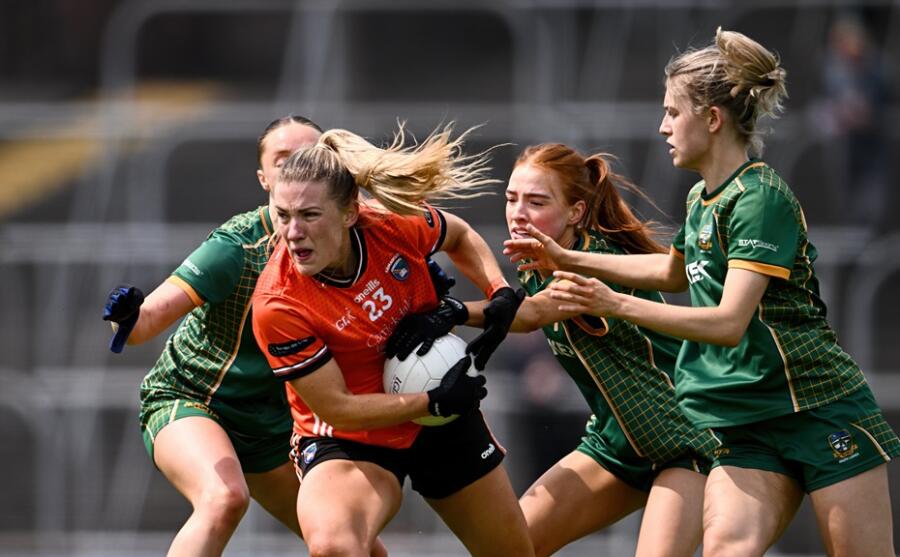 Kelly Mallon of Armagh is tackled by Meath players, from left, Sarah Wall, Karla Kealy and Mary Kate Lynch during the TG4 All-Ireland Ladies Football Senior Championship Round 1 match between Meath and Armagh at Páirc Tailteann in Navan, Meath. Photograph: Ben McShane/Sportsfile