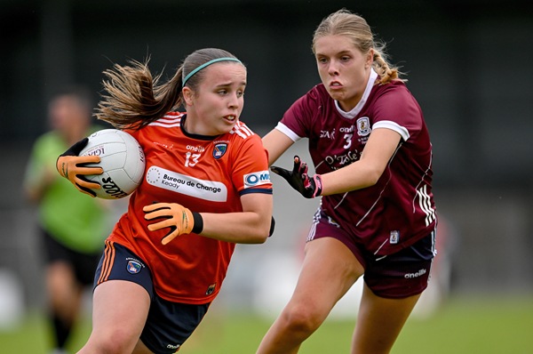 Abigail McMahon of Armagh in action against Roisin Conroy of Galway during the LGFA All-Ireland U16 B Championship final match between Armagh and Galway at Glennon Brothers Pearse Park in Longford. Photo by Stephen Marken/Sportsfile