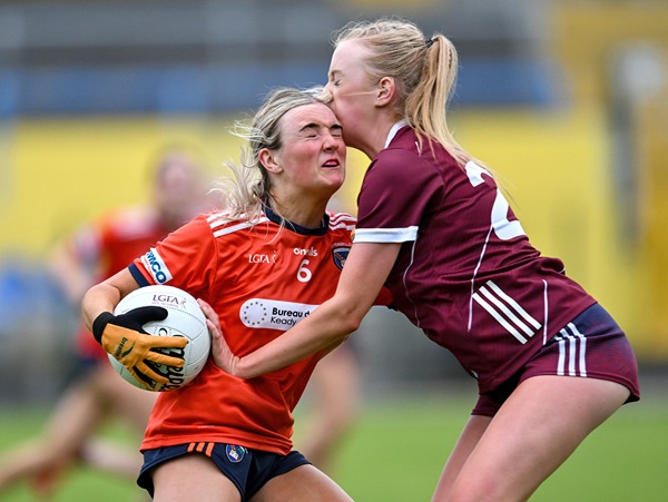 Aoige Hagan of Armagh is tackled by Molly McGrath of Galway during the LGFA All-Ireland U16 B Championship final match between Armagh and Galway at Glennon Brothers Pearse Park in Longford. Photo by Stephen Marken/Sportsfile