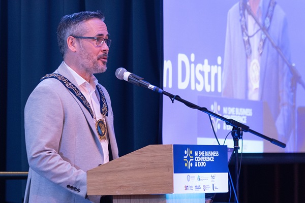 Cllr. Philip Campbell, Chairperson, Newry, Mourne and Down District Council welcomes delegates to the 11th Annual SME Conference in the Canal Court Hotel, Newry.