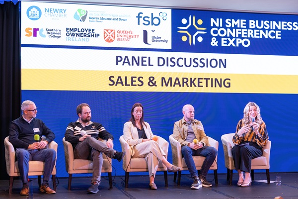  (L-R) Sales & Marketing Panel Discussion with Peter Hunniford, Fleet Sales Manager, Fleet4U, Paul Walsh, Founder, tomorrow.ie, Karen Maginn, Managing Director, Beyond The Branding, Shane McCarthy, Founder & CEO, Two Stacks Irish Whiskey and MC, Deborah Loughran.