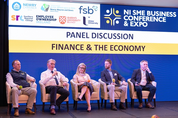 Finance & The Economy Panel Discussion with, from left: Anthony McVeigh, CEO, S&W Wholesale, David Hanna, Director, Hanna Hillen Financial Services, Rhona Barbour, Partner, Whiterock Finance, Alistair Quinn, Head of Southern Region, Invest NI, Seamus McElvanna, Director of Tax & MTD, AAB Group and MC, Deborah Loughran.