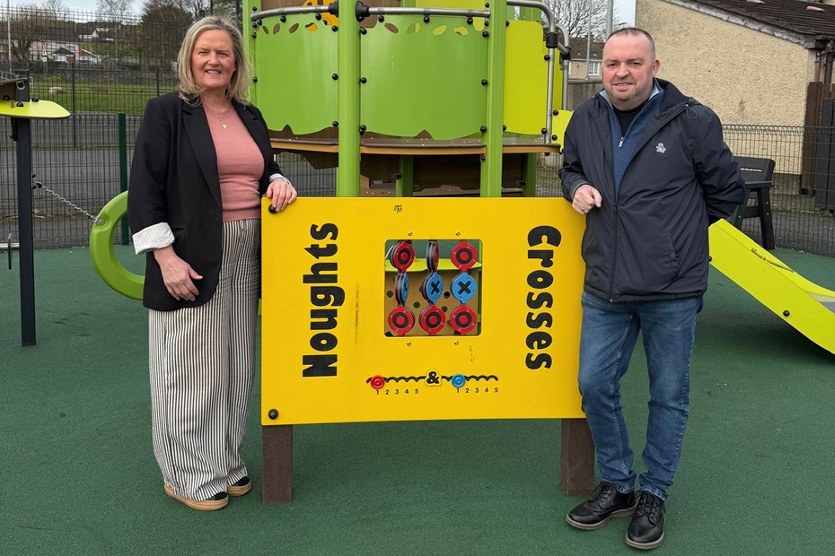 Cllr Geraldine Kearns and Cllr Aidan Mathers at the new Derrybeg play facility.