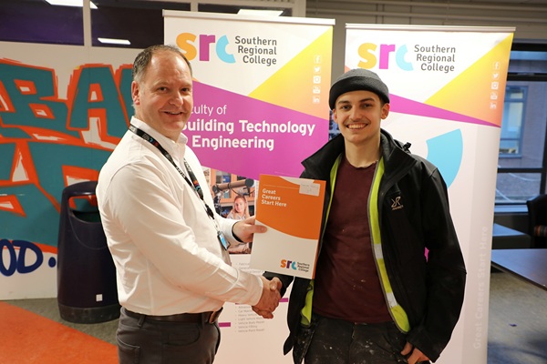 Aaron Werk from Kilkeel who took 2nd place in the Furniture & Cabinet Making category at the SRC intercampus SkillBuild competition. This is a return appearance for Aaron who successfully competed in the prior year intercampus competition and represented the College at the Regional competition in May last year. Aaron is pictured alongside Curriculum Area Manager Gareth Mone.