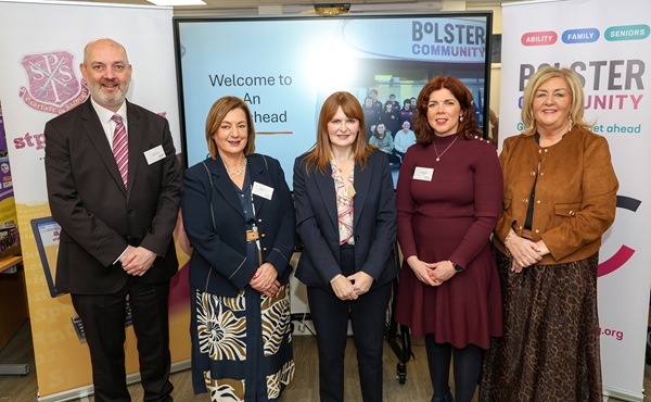  Pictured during the visit are from left: Dáithí Murray, Principal, St Paul's High School; Allison Slater, Bolster Community; Minister Archibald; Marion McMahon, St Pauls and Jacinta Linden, CEO, Bolster Community. Photograph: Noel Moan