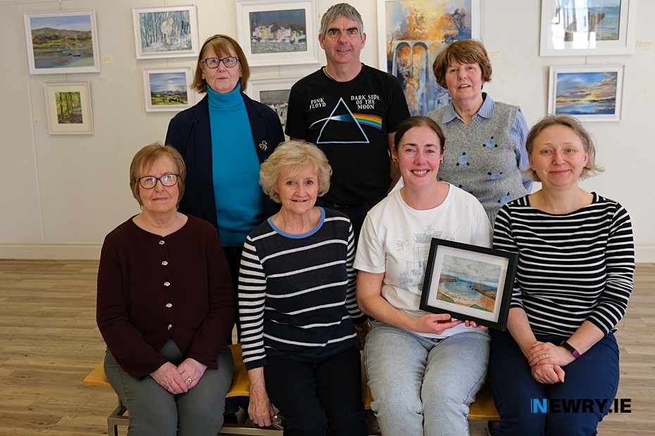 Some of the Newry Art Society exhibitors. Front from left: Rosaline Tohill, Cora Harrington, Nadine Gallagher and gnieszka Delaney. Back: Moira Maginn, Neill Haughey and Mary McCabe. Photograph: Columba O'Hare/ Newry.ie 