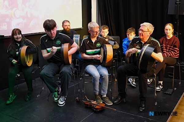 Traditional Arts Partnership musicians in tune at the AE Russell festival event. Photograph: Columba O'Hare/ Newry.ie 