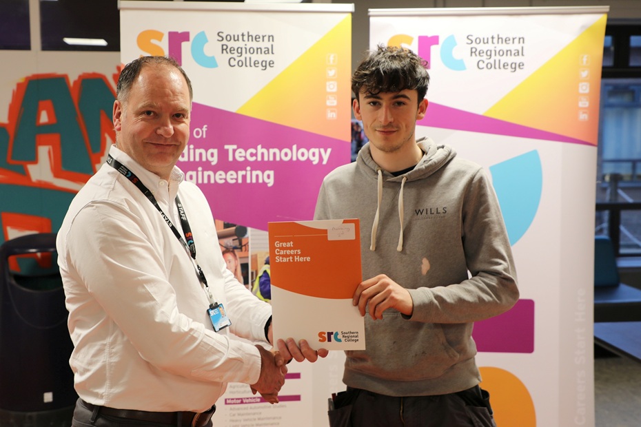 Cathal Meehan from Poyntzpass who was named as runner up in the 2026 Plumbing and Heating SRC SkillBuild Intercampus competition, improving on his 2025 3rd place finish.  Cathal is pictured alongside Curriculum Area Manager Gareth Mone.