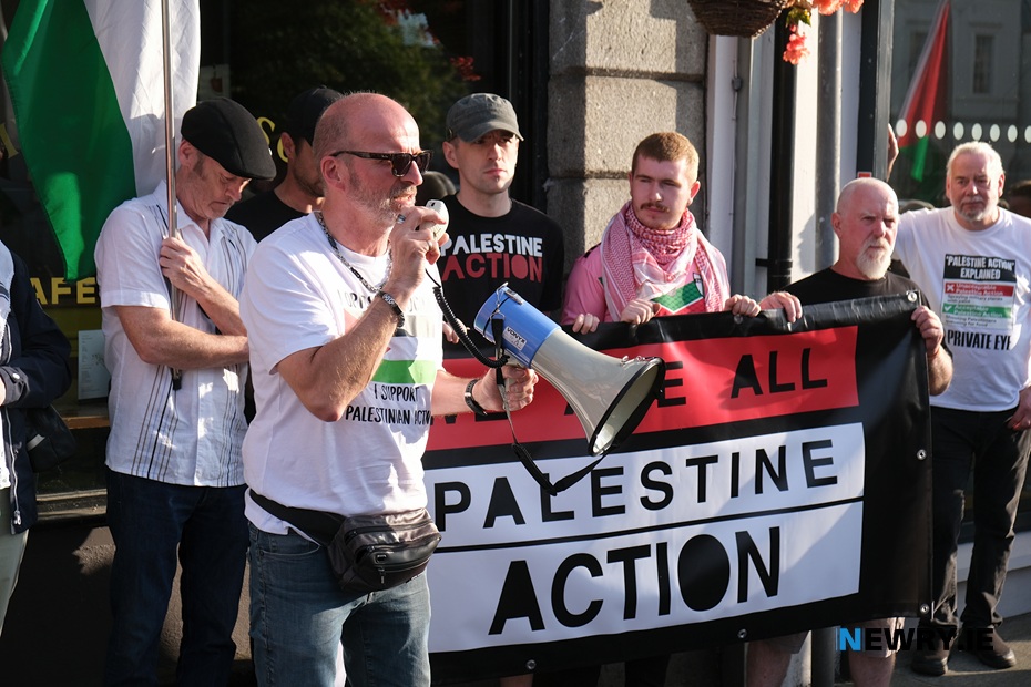 Protestors in Newry wearing Palestinian Action T Shirts in August 2025. Photograph: Columba O'Hare/ Newry.ie  