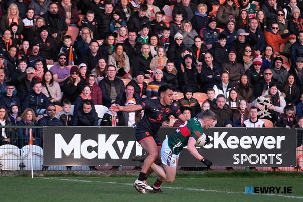 Armagh's Jemar Hall closes in on Mayo's Eoin O'Donoghue. Photograph: Columba O'Hare/ Newry.ie