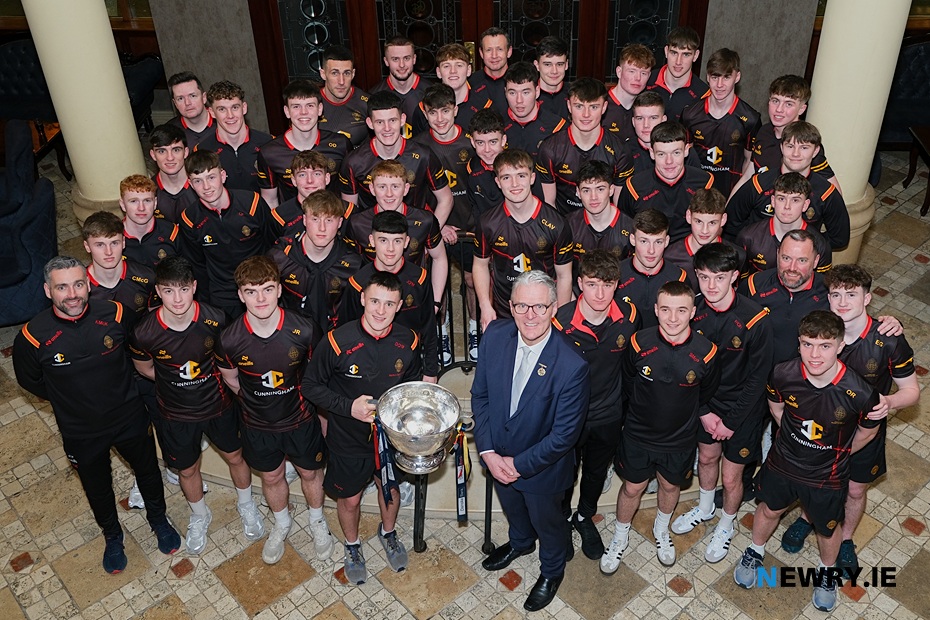 The victorious Abbey Christian Brothers School pictured with GAA President Jarlath Burns after winning the MacRory Cup. Photograph: Columba O'Hare/ Newry.ie 