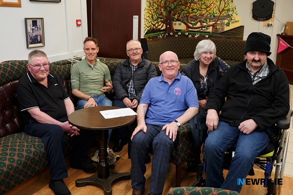 Enjoying the reopening of Biffers, The Brain Injury Foundation’s refurbished social space in Camlough.  From left: P Murphy, Sean Art Cooper, Anthony Murphy, Robert Newell, Pauline Murphy and Peter Murphy. Photograph: Columba O'Hare/ Newry.ie 