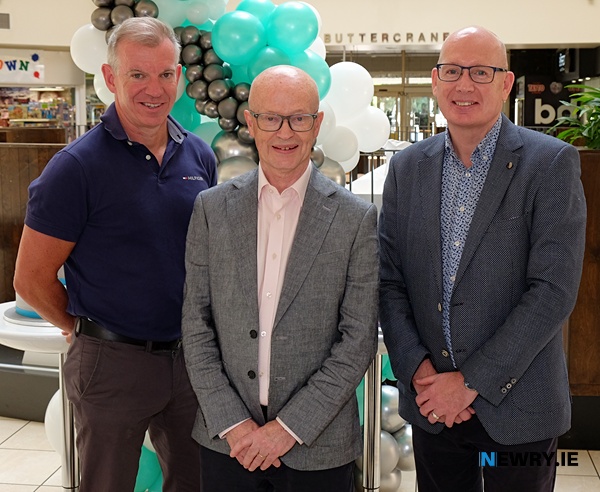 Peter Murray who retired today after 38 years as Manager of the Buttercrane Centre pictured with  Eamonn Connolly, left, Manager, Newry BID and Michael Savage, right, CEO, Newry Chamber of Commerce. Photograph: Columba O'Hare/ Newry.ie 