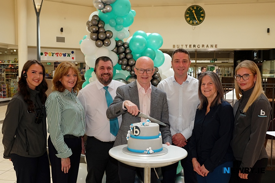 Peter Murray who retired today after 38 years as Manager of the Buttercrane Centre pictured with some of the Buttercrane staff. From left: Olivia Zaslawska, Karen Rogers, Chris Kennedy, Peter, Andrew Givan, Lambert Smith Hampton; Mary McDonnell and Saulena Senkute. Photograph: Columba O'Hare/ Newry.ie 