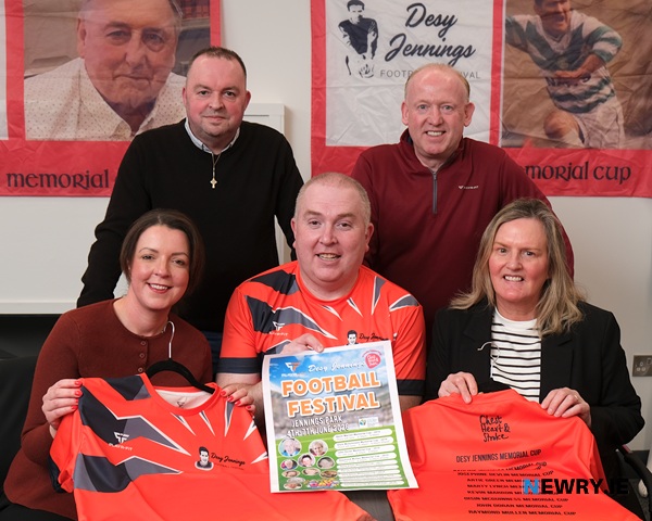Political representatives at the launch of the Desy Jennings Football Festival with sponsor and organiser. Included from left: Liz Kimmins MLA; Cllr Aidan Mathers, Marty Jennings, Kieran Quinn, Playr-Fit and Cllr Geraldine Kearns. Photograph: Columba O'Hare/ Newry.ie 