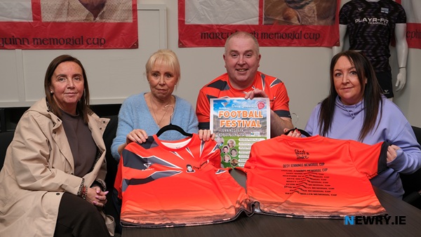 Kevin Marron Memorial Cup - Desy Jennings with members of the Marron family at the launch of the Desy Jennings Football Festival. Included from left are Roisin Marron, Mary Marron and Kate Marron. Photograph: Columba O'Hare/ Newry.ie 